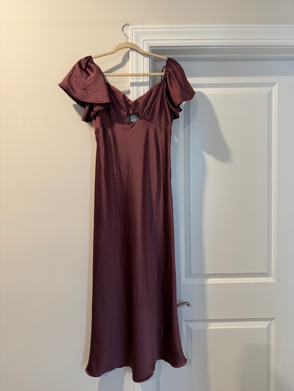 Satin Burgundy Midi Dress with Ruffle Shoulders